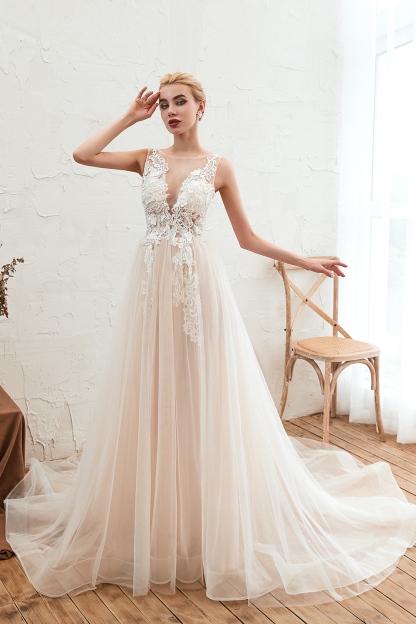 Stylish Scoop Neck ALine Wedding Dress Sleeveless Tulle Lace Bridal Gown