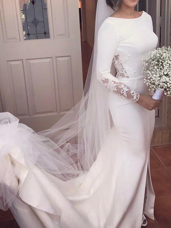 Lace Satin Long Sleeves Sexy Mermaid Scoop Neckline Court Train Wedding Dresses UK