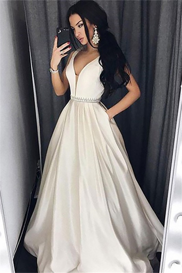 Sexy Elegant V-Neck Sash Prom Dress UKes UK Sleeveless Evening Dress UKes UK with Pocket