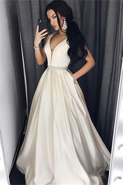 Sexy Elegant V-Neck Sash Prom Dress UKes UK Sleeveless Evening Dress UKes UK with Pocket