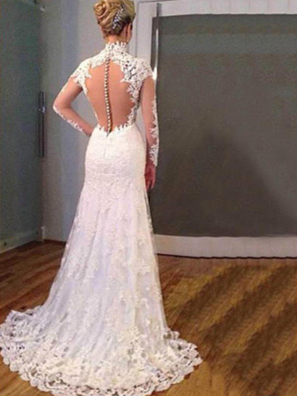 V-Neck Sweep Train Applique Lace Sexy Mermaid Long Sleeves Wedding Dresses UK-27Dress.co.uk