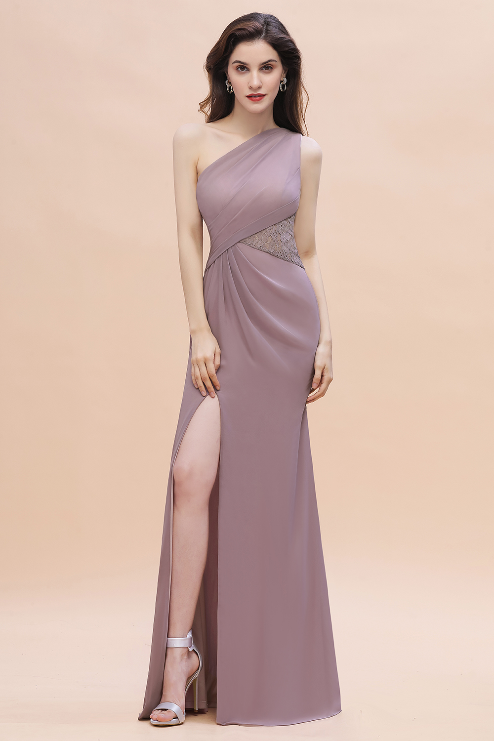 Amazing One Shoulder Dusk Long Side Split Bridesmaid Dress Ruched Chiffon Wedding Party Dress