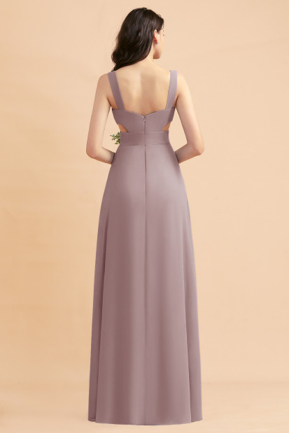 Dusty Blue Chiffon Bridesmaid Dress with Side Slit Long Wedding Guest Dress