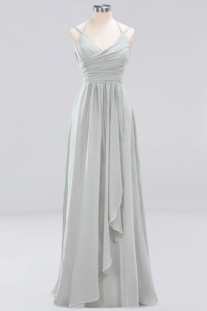 A-line Sleeveless Ruffles Chiffon Floor-Length Bridesmaid Dresses with Straps