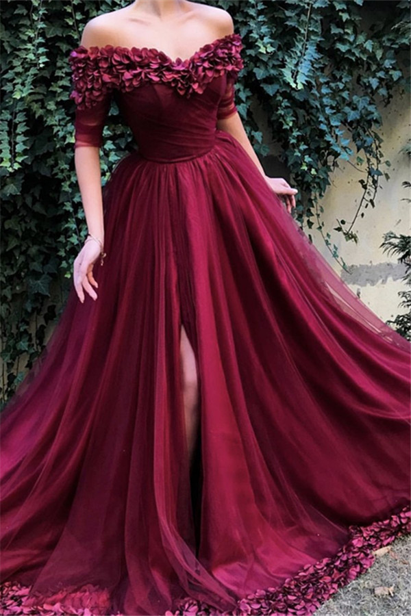 Burgundy Maroon A-line Off The Shoulder Tulle Flower Applique Prom Dress UKes UK UK
