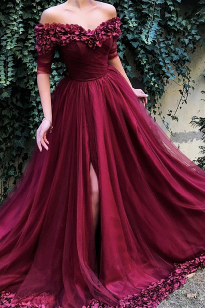Burgundy Maroon A-line Off The Shoulder Tulle Flower Applique Prom Dress UKes UK UK