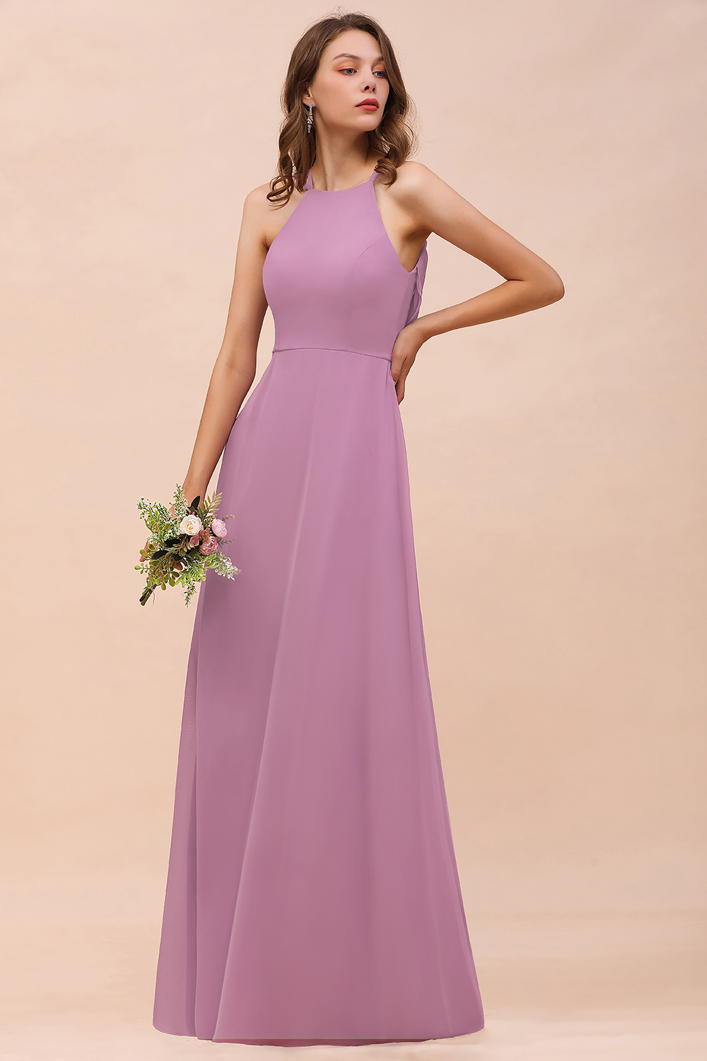 Amazing Halter Wisteria Bridesmaid Dress Simple Chiffon Long Wedding Party Dress