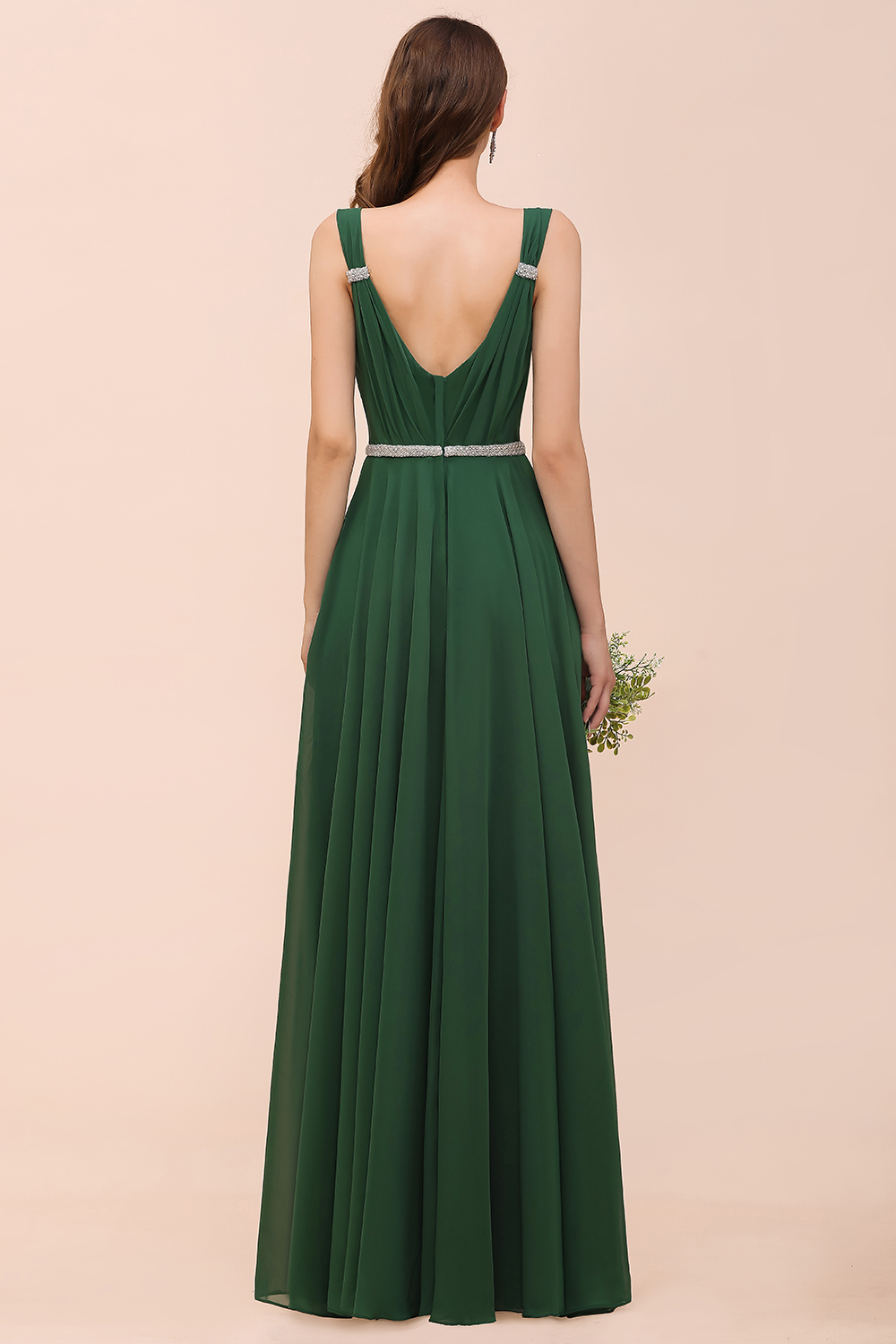 Elegant Ruffle Chiffon Bridesmaid Dress V-Neck Straps Evening Wear Dress for Bride