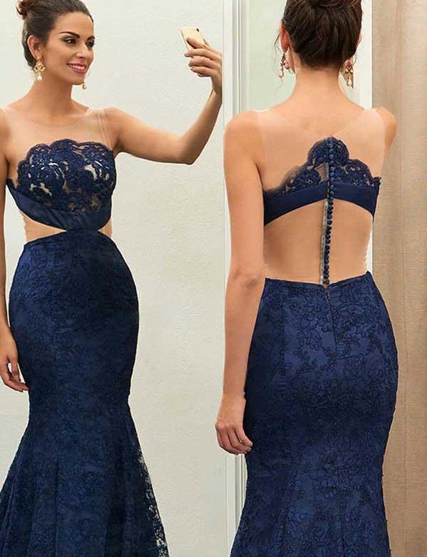 Elegant Jewel Sweep Train Sleeveless Lace trumpt Prom Dress UK UK