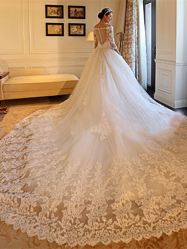 Tulle Ball Gown 3/4 Sleeves Beads Applique Cathedral Train Off-the-Shoulder Wedding Dresses UK