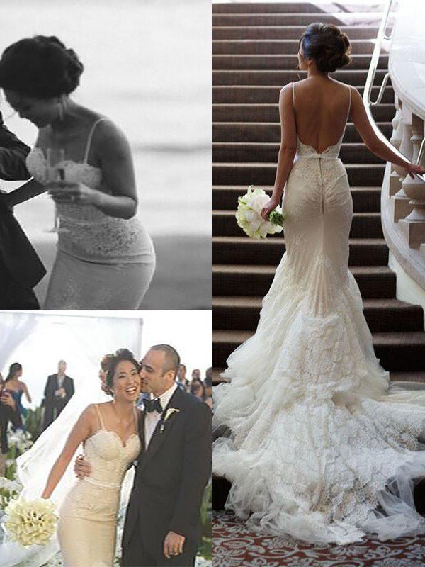 Court Train Lace Sleeveless Sexy Mermaid Tulle Spaghetti Straps Wedding Dresses UK