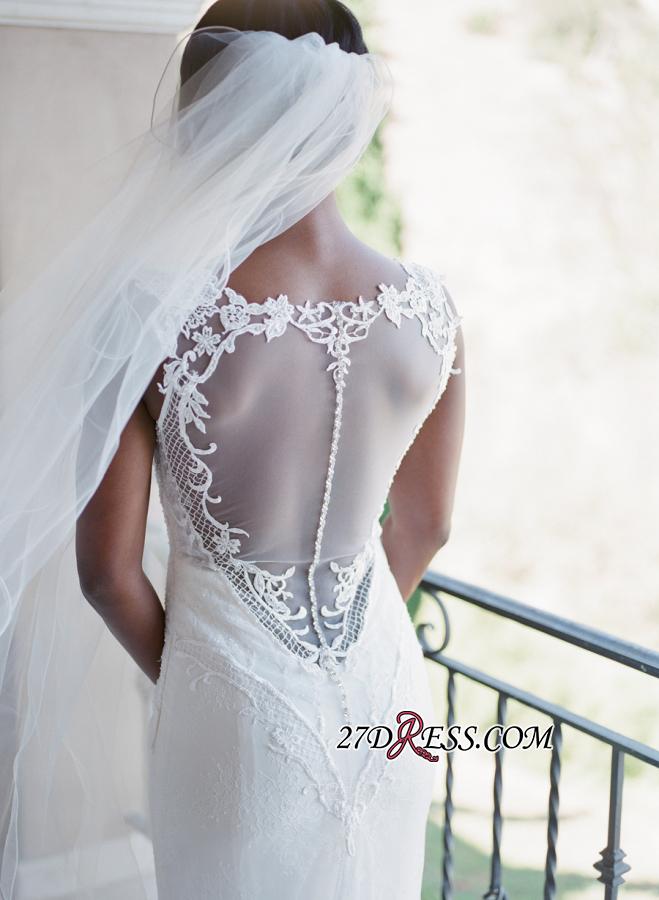 Lace Buttons Sexy Mermaid Appliques Crystal Long-Sleeves Elegant Wedding Dress