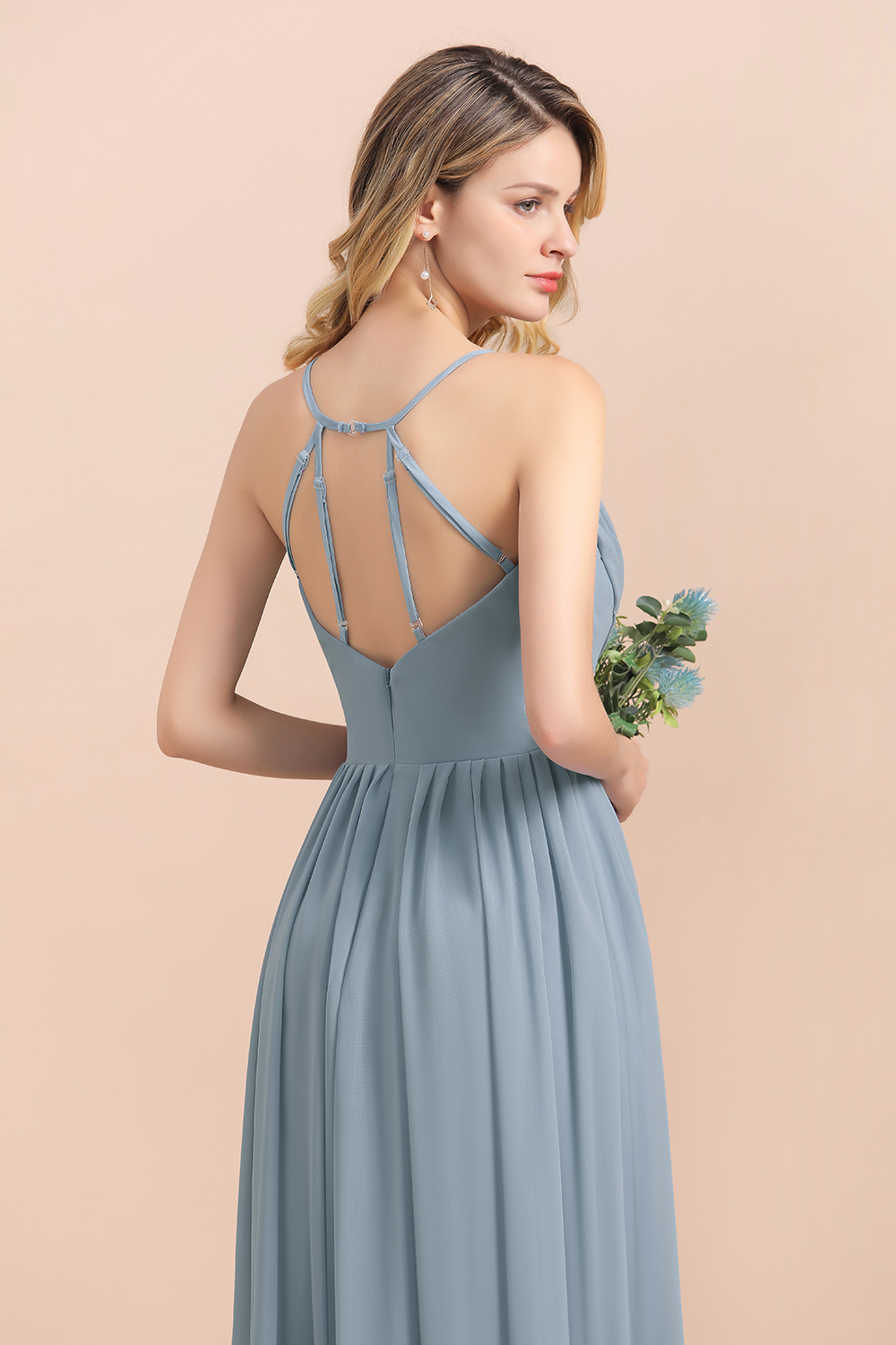 Stylish Halter Dusty Blue Hi-Lo Bridesmaid Dresses Backless Wedding Guest Dress