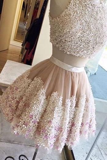 Crystal Lace Appliques Jewel Homecoming Dress UKes UK Two Piece Sleeveless Short Party Dress UKes UK