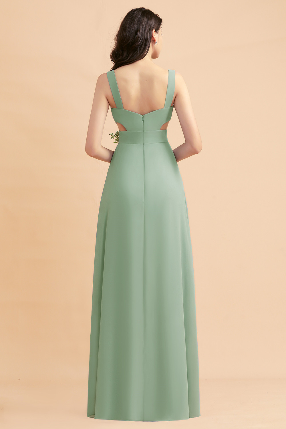 Dusty Blue Chiffon Bridesmaid Dress with Side Slit Long Wedding Guest Dress