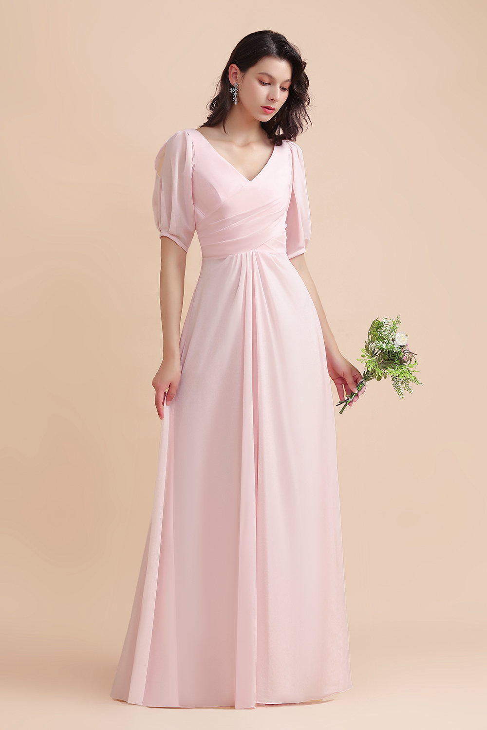 Simple Half Sleeves Pink Chiffon Bridesmaid Dress A-line Wedding Party Dress