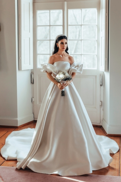 Glamous Satin Aline Wedding Dress Princess Ball Gown with Puffy Sleeves