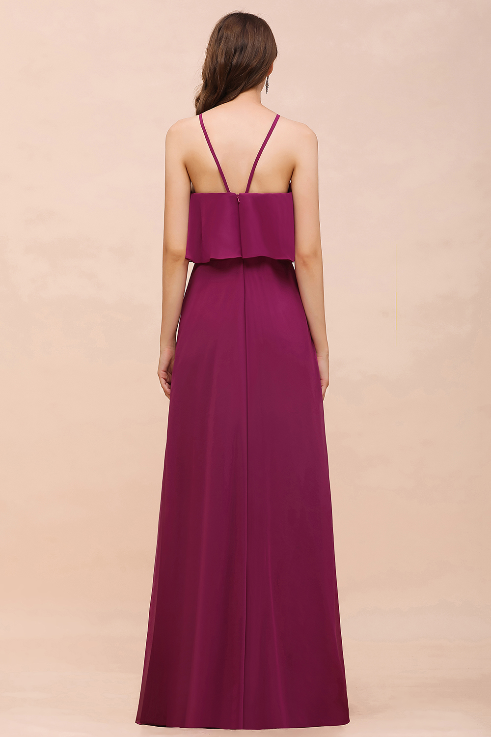 Chic Halter Chiffon Long Bridesmaid Dress Mulberry A-line Wedding Guest Dress