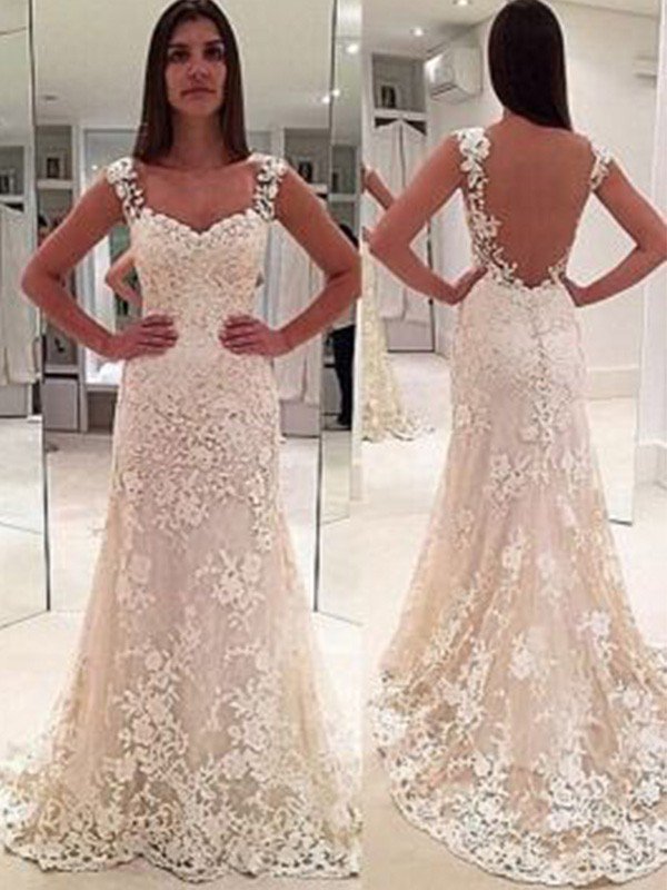 Sleeveless Sweetheart Applique Lace Sheath Straps Court Train Wedding Dresses UK