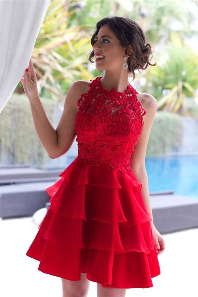 Elegant Red Lace Sleeveless Homecoming Dress UK Short Layers Cocktail Gowns