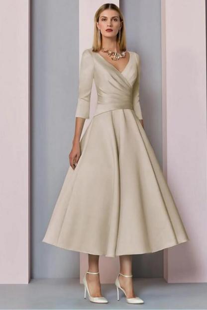 Elegant 3/4 Sleeves Satin V-Neck Mother of Bride Dress Wedding Guest Dress-27Dress.co.uk
