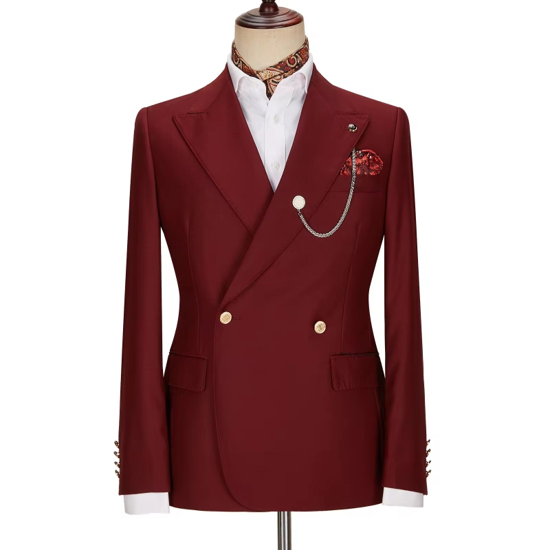 Lynn Charming Burgundy Peaked Lapel Double Breasted Prom Suits