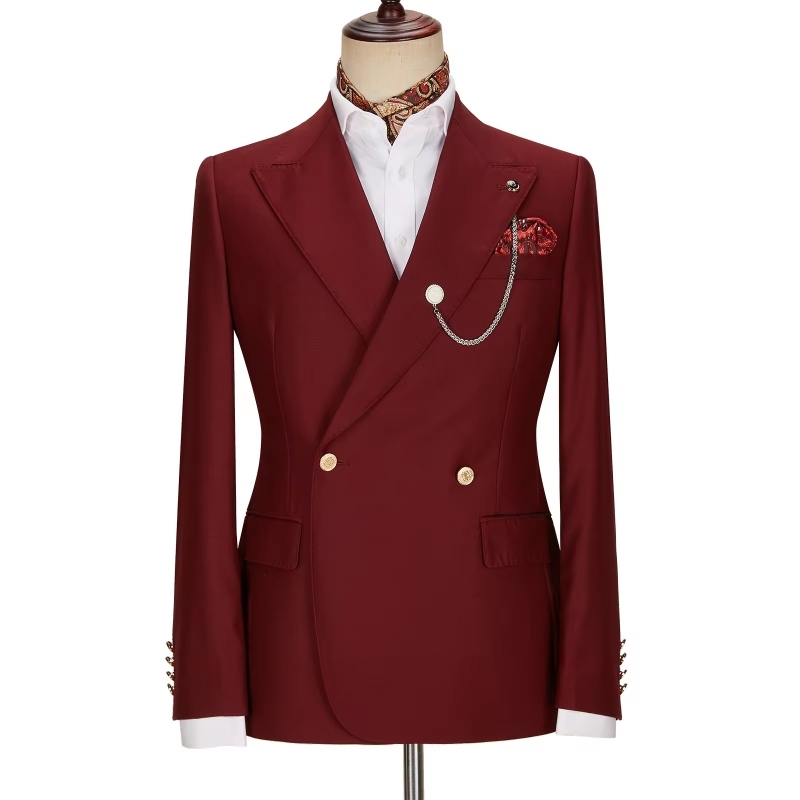 Lynn Charming Burgundy Peaked Lapel Double Breasted Prom Suits