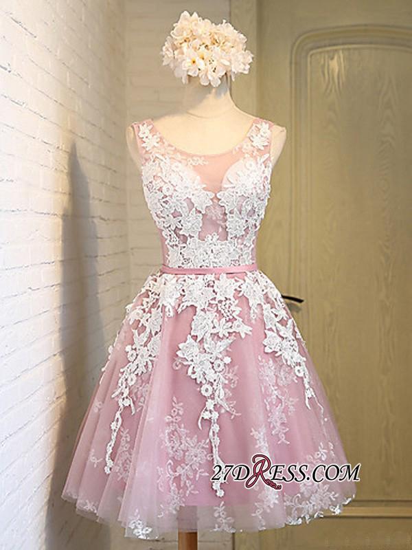 Sleeveless Jewel Pink Lace Open-Back Sash Appliques Lace-Up Sexy Homecoming Dress UKes UK