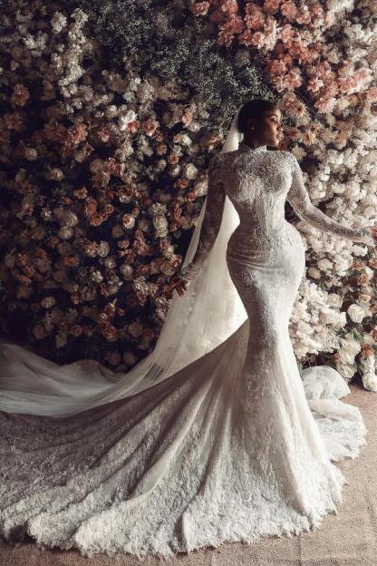 Gorgeous High Neck Floral Lace Mermaid Wedding Dresses with Sleeves Slim Bridal Gown