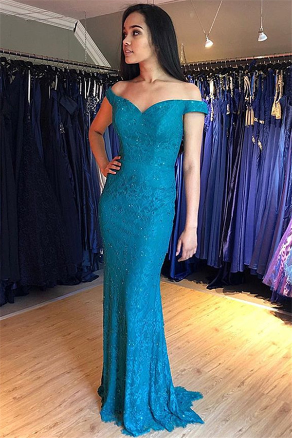 Sexy Off-the-Shoulder Lace Prom Dress UKes UK Mermaid Sleeveless Evening Dress UKes UK with Beads