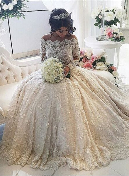 Pretty Lace Long Sleeve Princess Wedding Dresses UK Ball Gown With Appliques