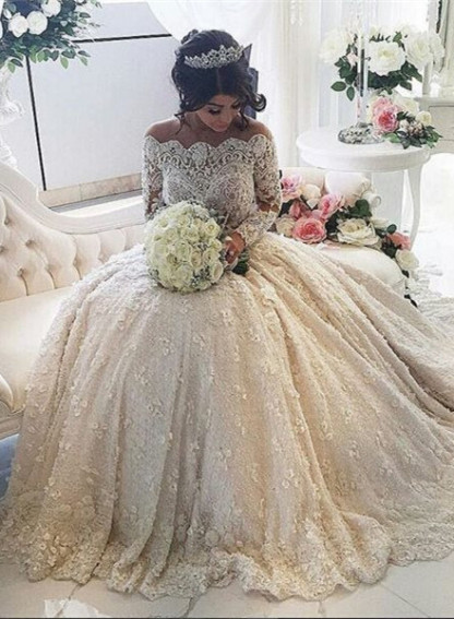 Pretty Lace Long Sleeve Princess Wedding Dresses UK Ball Gown With Appliques