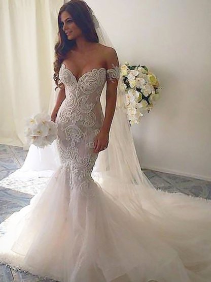 Off-the-Shoulder Sleeveless Sexy Mermaid Tulle Wedding Dresses UK