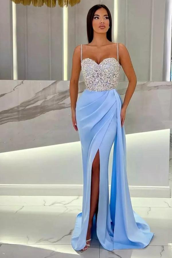 Charming Sweetheart Crystals Mermaid Prom Dress Sleeveless Satin Side Slit Party Dress with Straps-27Dress.co.uk
