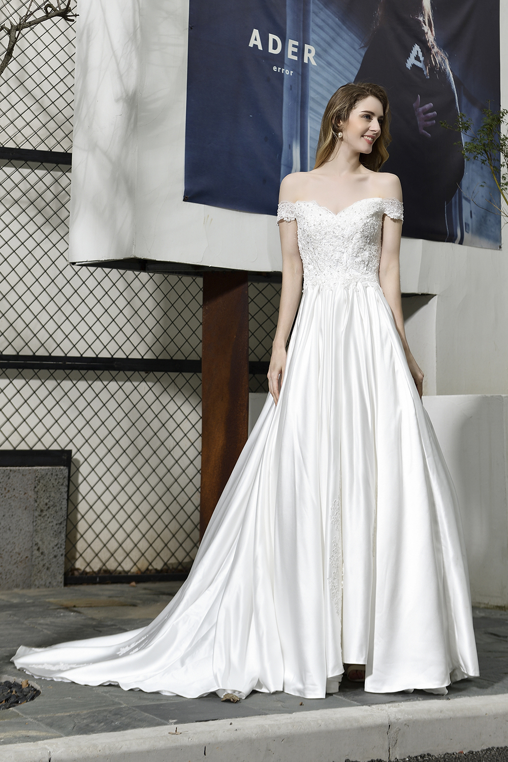 Off-the-Shoulder Satin Wedding Dress Aline Floral Lace Bridal Gown