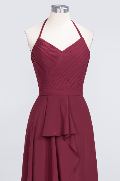 A-Line Chiffon Halter V-Neck Sleeveless Long Bridesmaid Dress UK with Ruffle-27Dress.co.uk