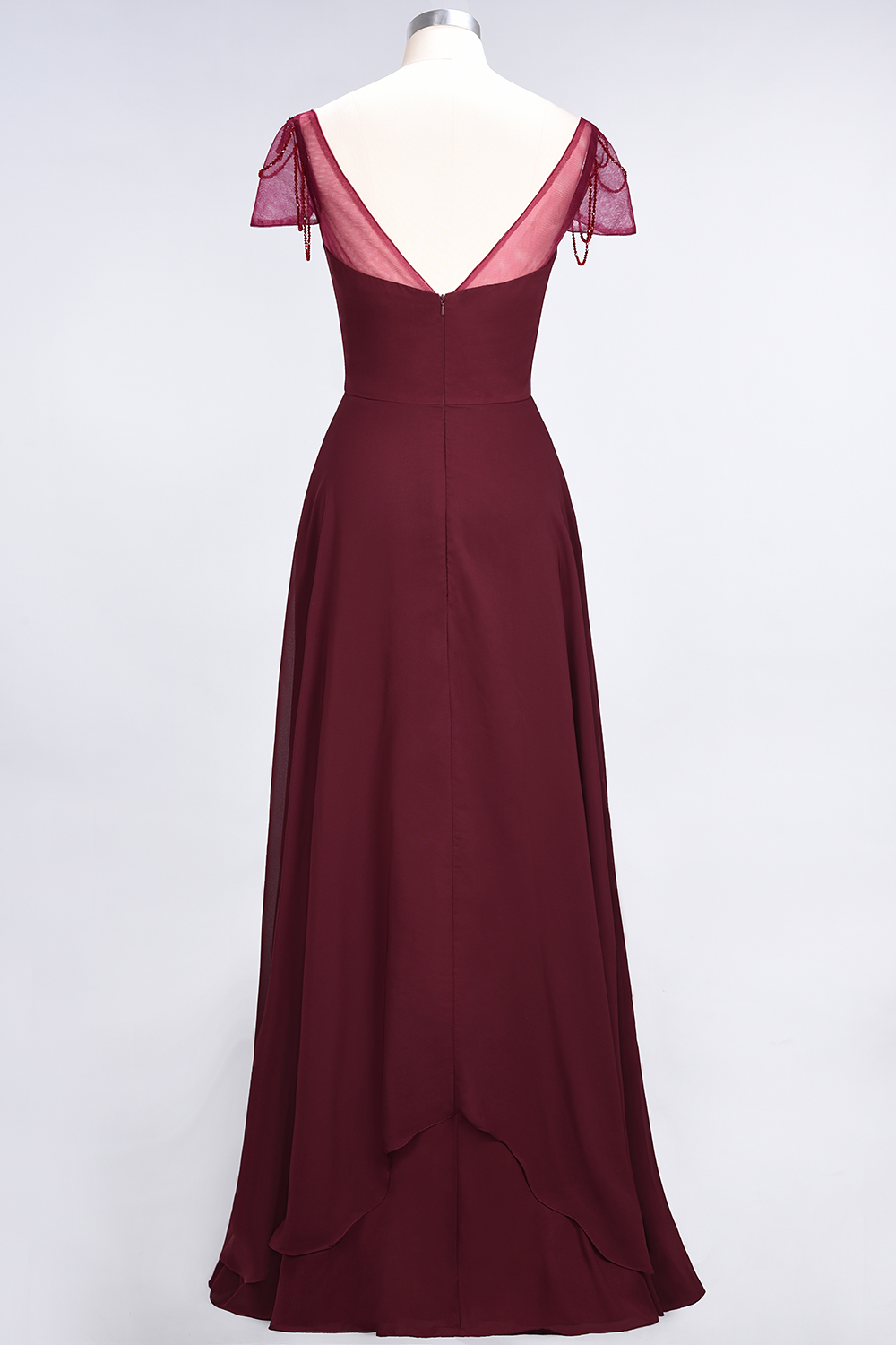 A-Line Chiffon Sweetheart Cap-Sleeves Ruffle Long Bridesmaid Dress UK with Beadings-27Dress.co.uk