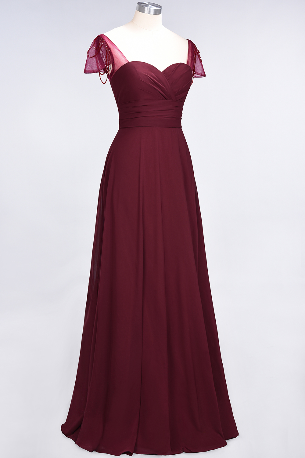 A-Line Chiffon Sweetheart Cap-Sleeves Ruffle Long Bridesmaid Dress UK with Beadings-27Dress.co.uk