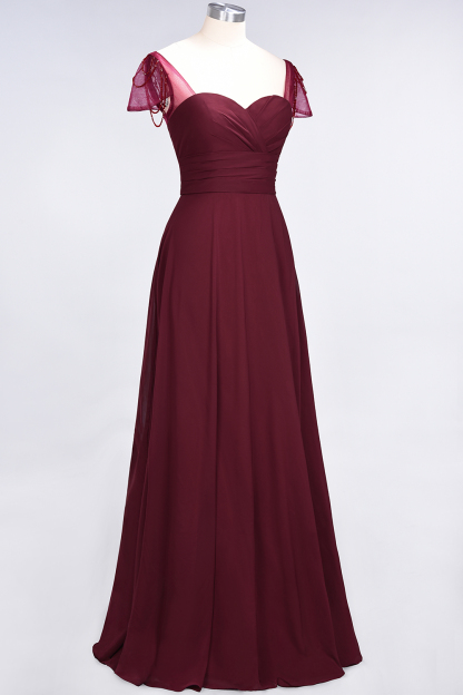 A-Line Chiffon Sweetheart Cap-Sleeves Ruffle Long Bridesmaid Dress UK with Beadings-27Dress.co.uk