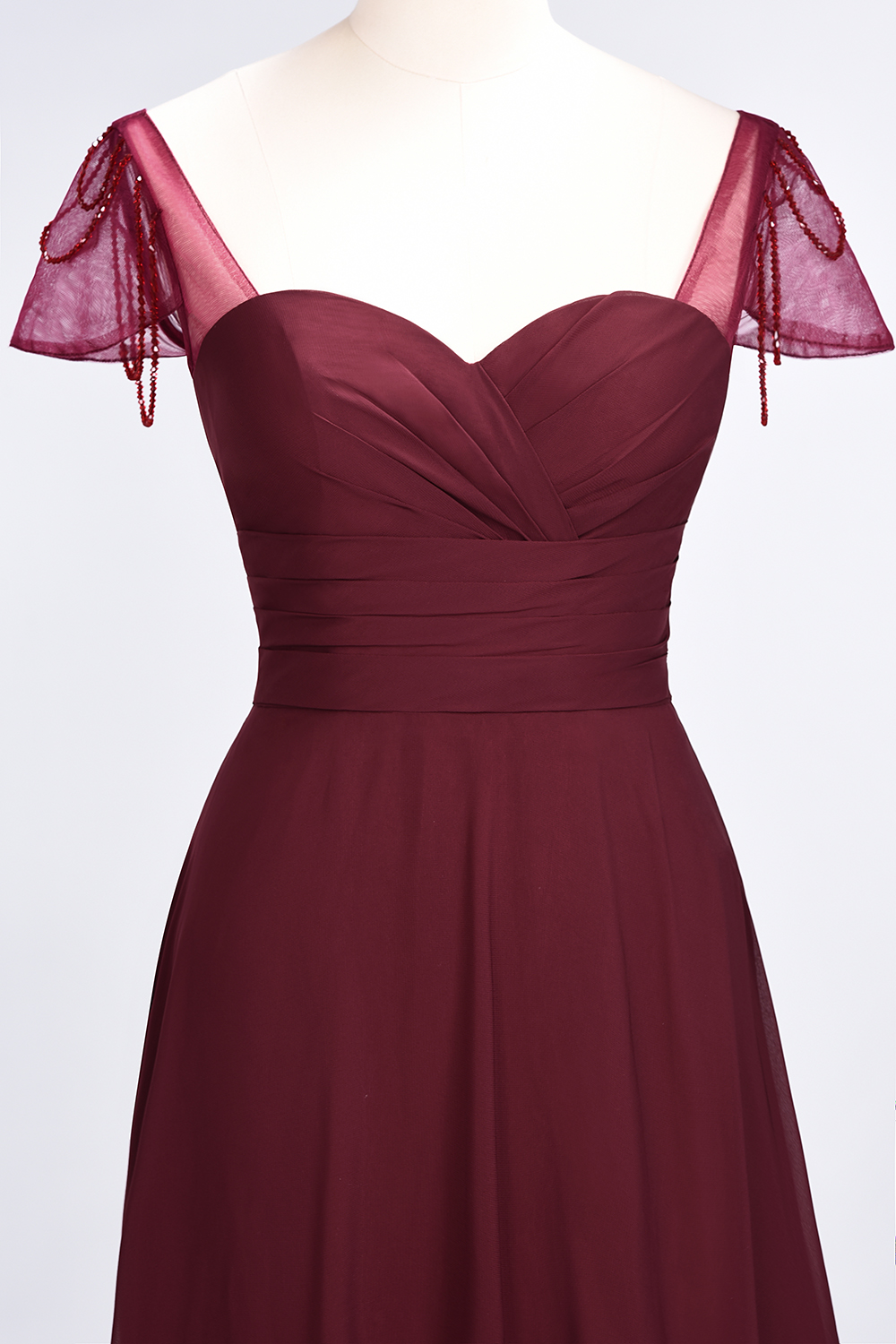 A-Line Chiffon Sweetheart Cap-Sleeves Ruffle Long Bridesmaid Dress UK with Beadings-27Dress.co.uk