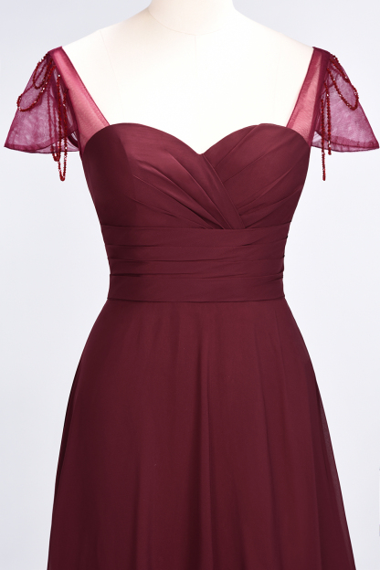 A-Line Chiffon Sweetheart Cap-Sleeves Ruffle Long Bridesmaid Dress UK with Beadings-27Dress.co.uk