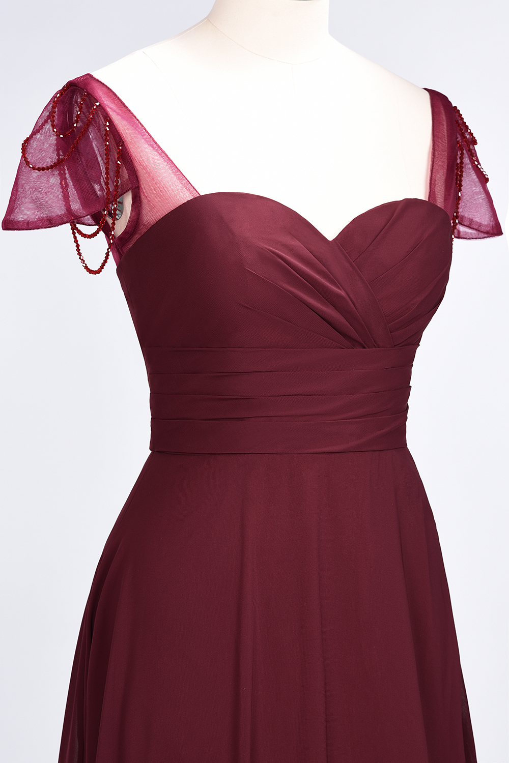 A-Line Chiffon Sweetheart Cap-Sleeves Ruffle Long Bridesmaid Dress UK with Beadings-27Dress.co.uk