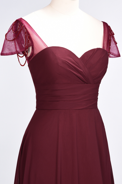 A-Line Chiffon Sweetheart Cap-Sleeves Ruffle Long Bridesmaid Dress UK with Beadings-27Dress.co.uk