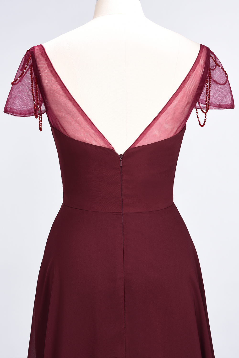 A-Line Chiffon Sweetheart Cap-Sleeves Ruffle Long Bridesmaid Dress UK with Beadings-27Dress.co.uk