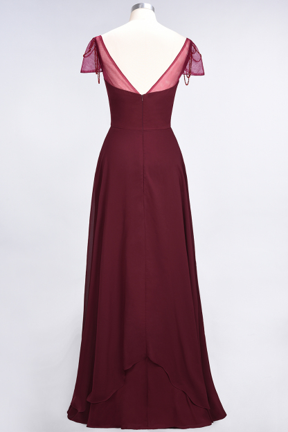 A-Line Chiffon Sweetheart Cap-Sleeves Ruffle Long Bridesmaid Dress UK with Beadings-27Dress.co.uk