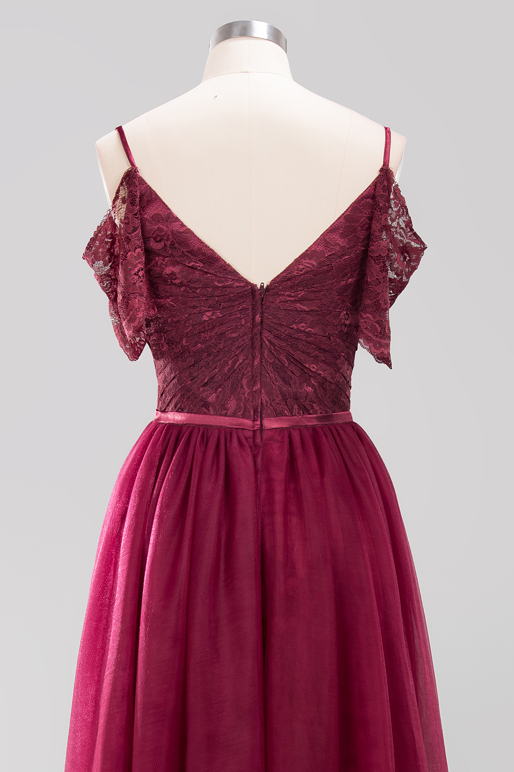 A-Line Light Chiffon Lace Cute strapless Spaghetti Straps Short-Sleeves Sweep Train Bridesmaid Dress UK with Ruffles-27Dress.co.uk