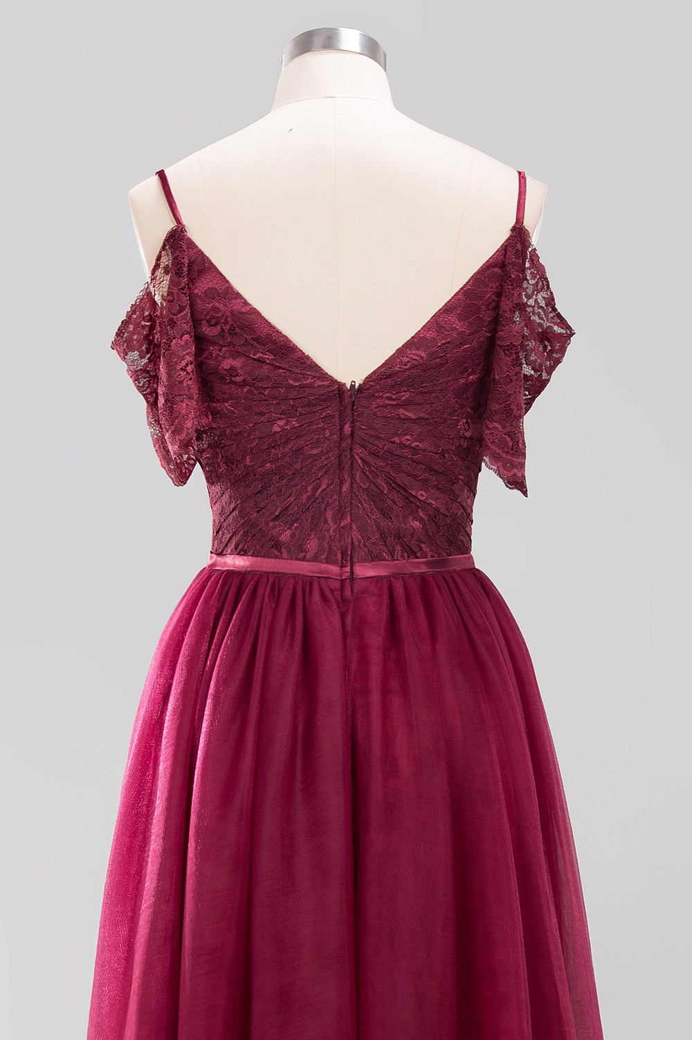 A-Line Light Chiffon Lace Cute strapless Spaghetti Straps Short-Sleeves Sweep Train Bridesmaid Dress UK with Ruffles-27Dress.co.uk