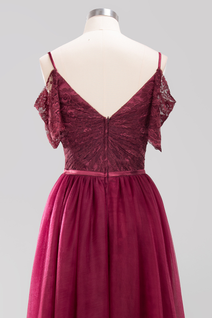 A-Line Light Chiffon Lace Cute strapless Spaghetti Straps Short-Sleeves Sweep Train Bridesmaid Dress UK with Ruffles-27Dress.co.uk