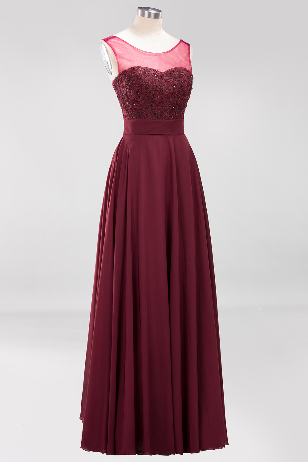 A-Line Light Chiffon Tulle Lace Beadings Jewel Sleeveless Sweep Train Bridesmaid Dress UK with Sash