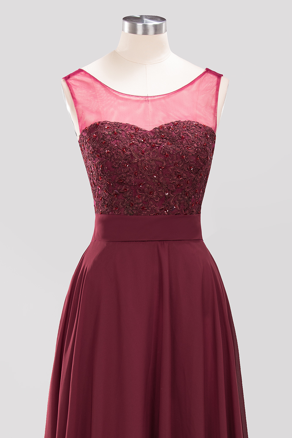 A-Line Light Chiffon Tulle Lace Beadings Jewel Sleeveless Sweep Train Bridesmaid Dress UK with Sash-27Dress.co.uk